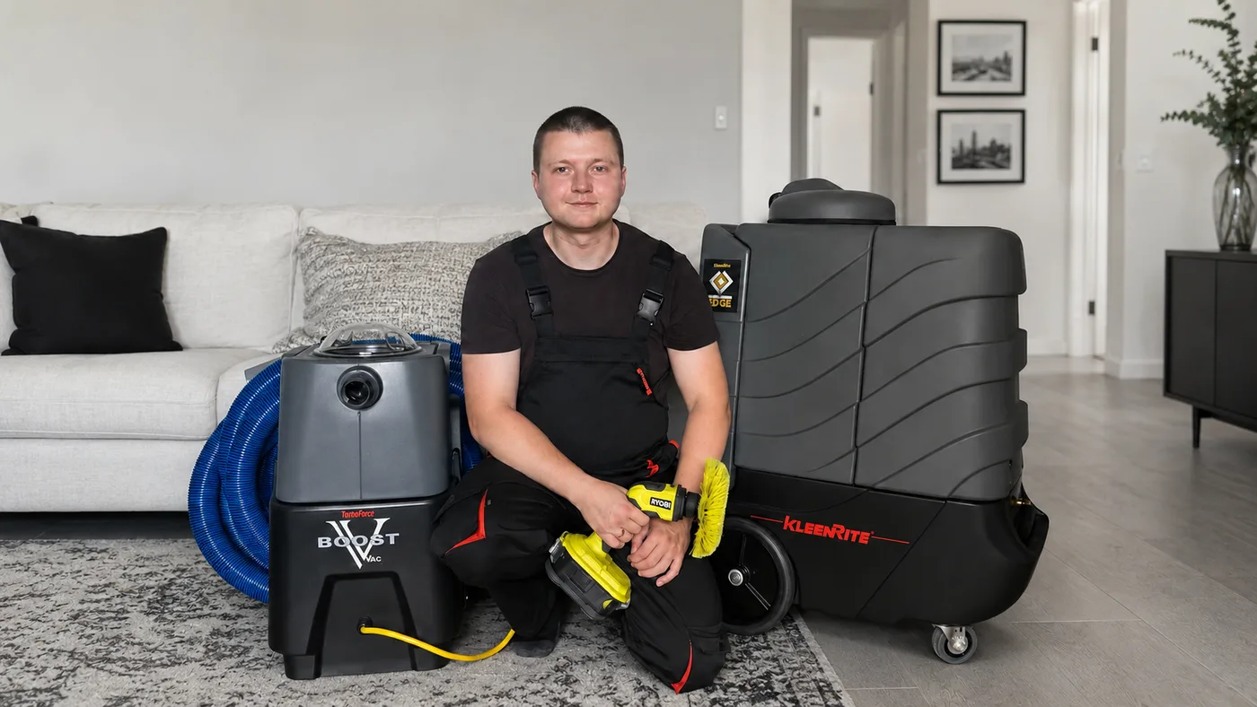 MK Deep Clean technician with professional hot-water extraction equipment