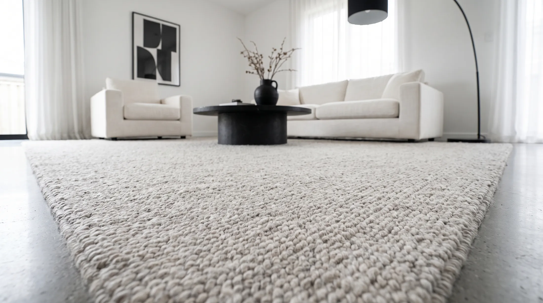 A clean, freshly cared-for wool rug in a bright modern living room